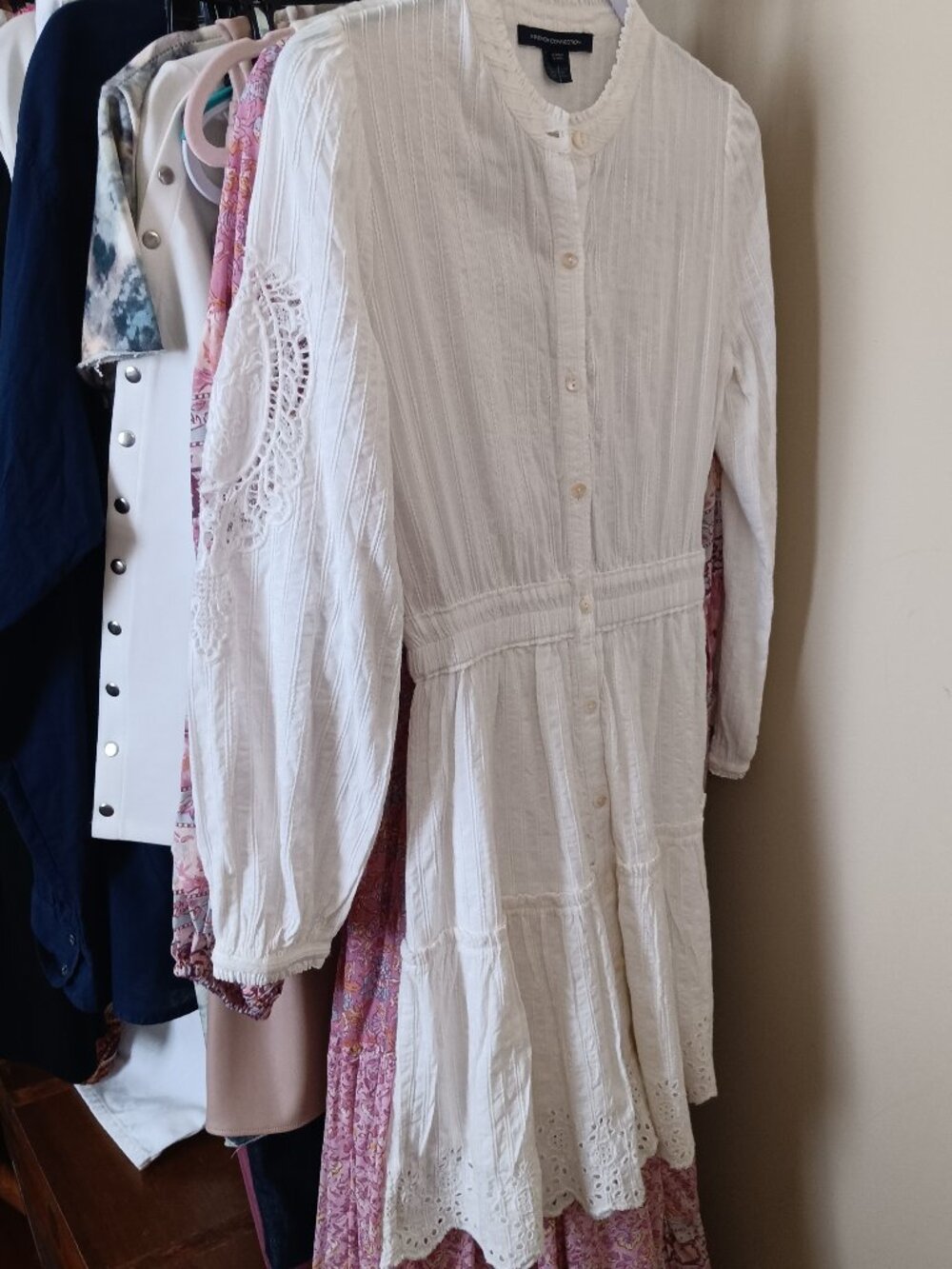 NWT French Connection White Intricate Woven Design Long Sleeve Dress